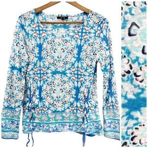 Escalier Sweater Lace Up Hem Round Neck Medallion Pattern Blue Green White S